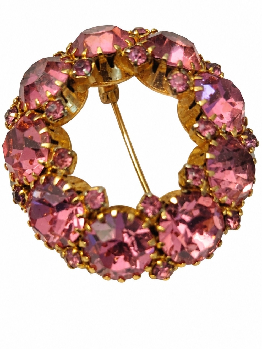 Vintage Pink Crystal Wreath Brooch - Gold Tone